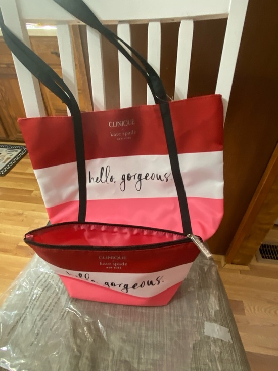 Clinique / Kate Spade Handbags - Clinique x Kate Spade Pink & Red Stripe 'Hello, Gorgeous' Tote and Pouch Set